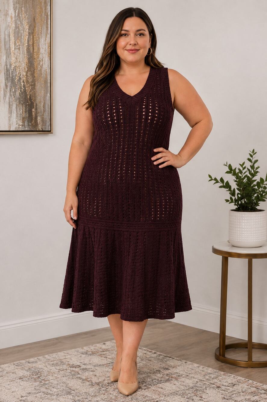 BB Dakota Women 2X Midi Knit Dress Burgundy Wool Blend Sleeveless V-Neck A-Line